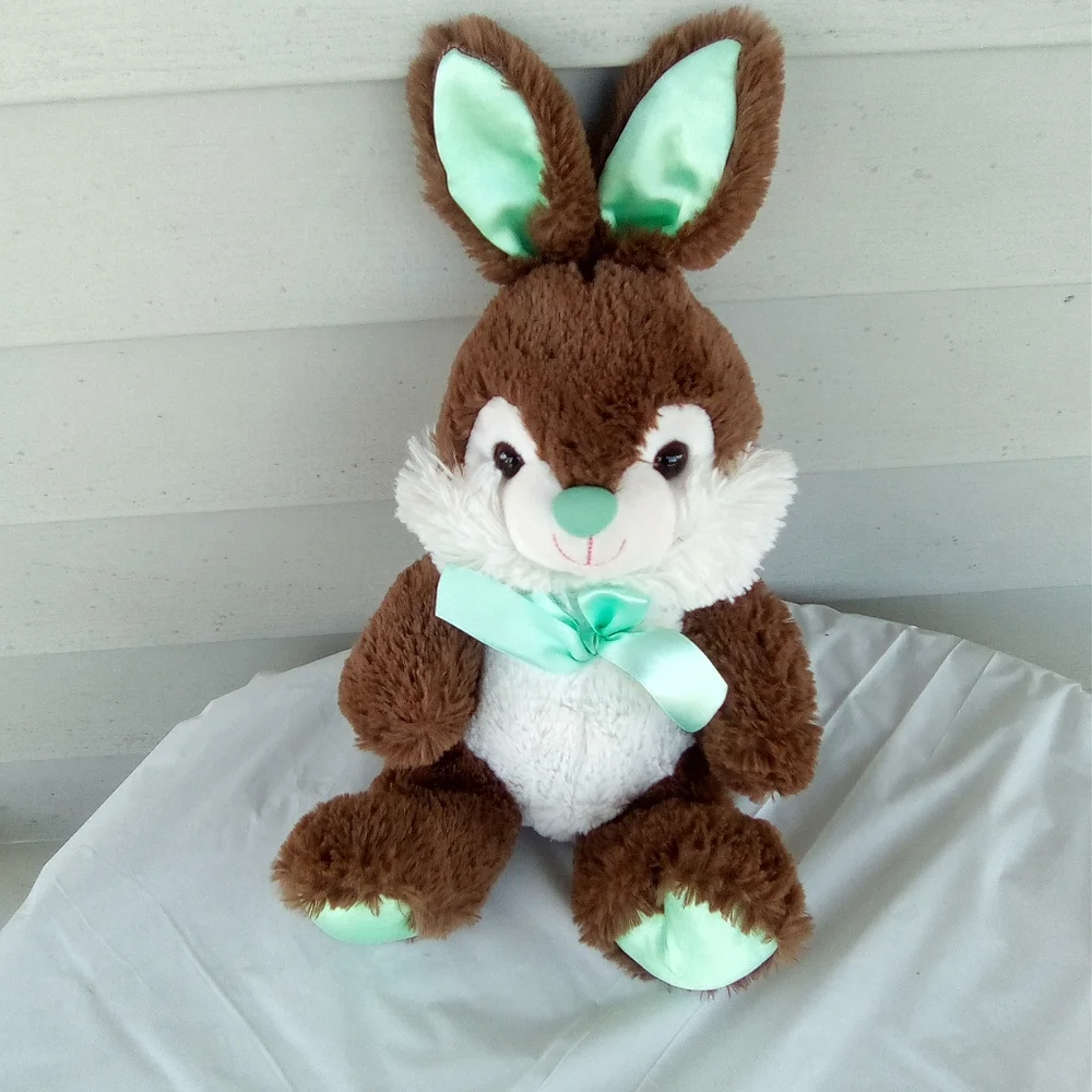 Brown and White Stuffed Bunny with Green Accents
